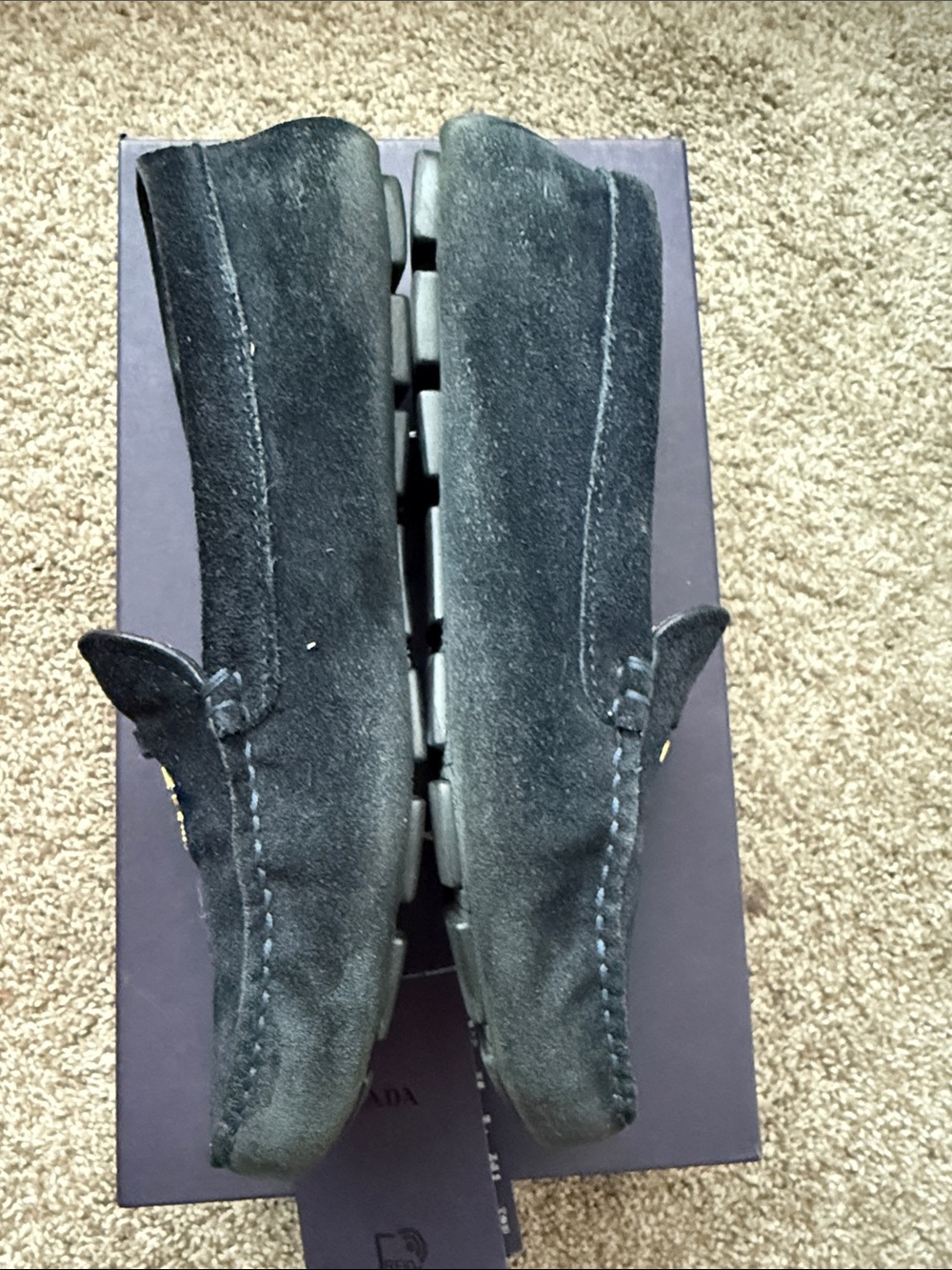 Prada Dark Navy Suede Women's Slip-On Loafers with Gold Logo - Picture 7 of 11